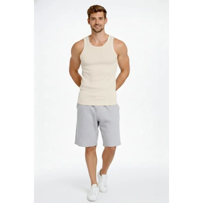 Erkek Spor Fitilli Atlet 2li Set Siyah Ve Bej Slim Fit Kaşkorse Arka Baskılı Spor Atlet