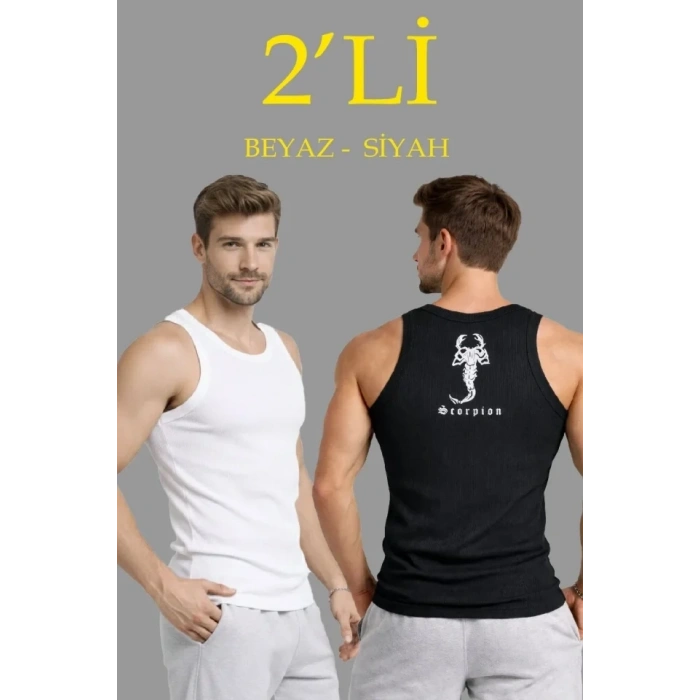 Erkek Spor Fitilli Atlet 2li Set Siyah Ve Beyaz Slim Fit Kaşkorse Arka Baskılı Spor Atlet