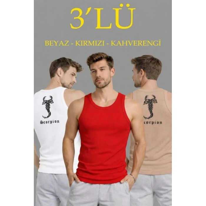 Erkek Spor Fitilli Atlet 3lü Set Beyaz, Kırmızı Ve Kahverengi Slim Fit Kaşkorse Arka Baskılı Spor Atlet