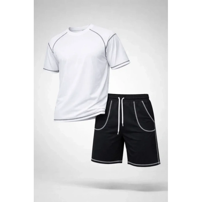 Erkek Spor Tişört Şort Takım Kontrast Dikiş Detaylı Ovarsize Rahat Kalıp - Beyaz