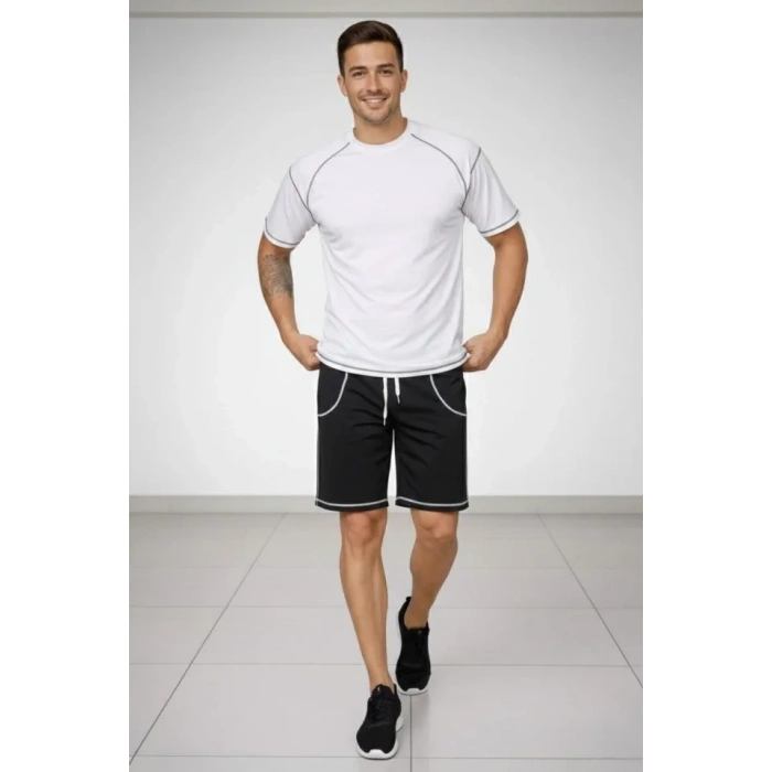Erkek Spor Tişört Şort Takım Kontrast Dikiş Detaylı Ovarsize Rahat Kalıp - Beyaz