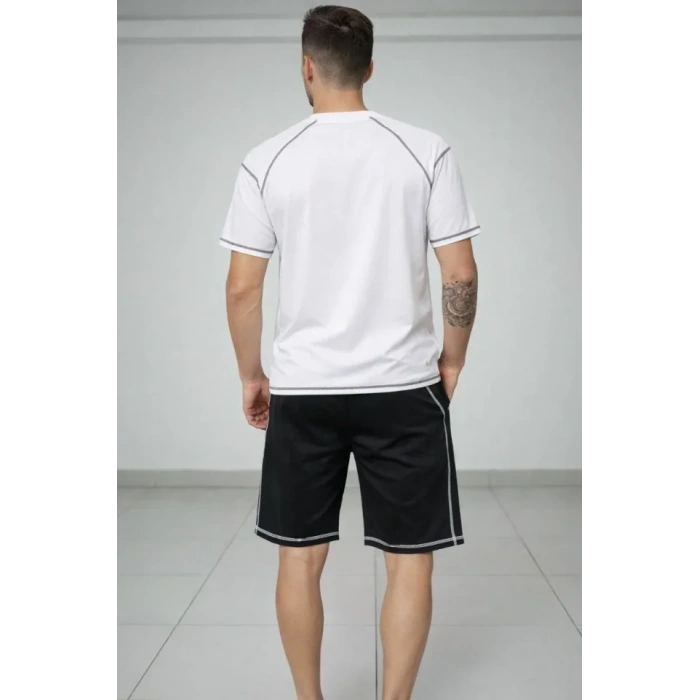 Erkek Spor Tişört Şort Takım Kontrast Dikiş Detaylı Ovarsize Rahat Kalıp - Beyaz