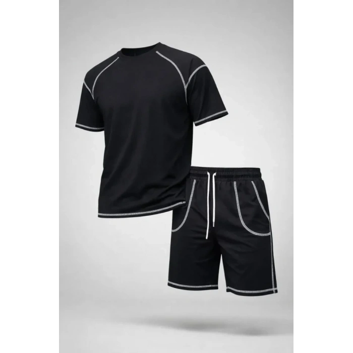 Erkek Spor Tişört Şort Takım Kontrast Dikiş Detaylı Ovarsize Rahat Kalıp - Siyah