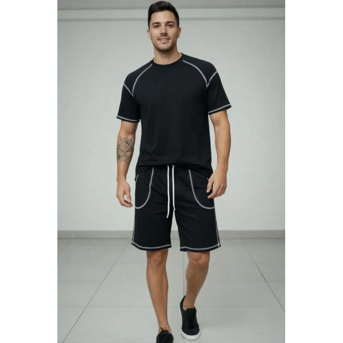 Erkek Spor Tişört Şort Takım Kontrast Dikiş Detaylı Ovarsize Rahat Kalıp - Siyah