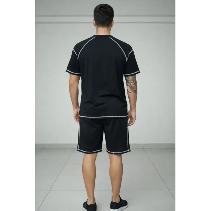 Erkek Spor Tişört Şort Takım Kontrast Dikiş Detaylı Ovarsize Rahat Kalıp - Siyah
