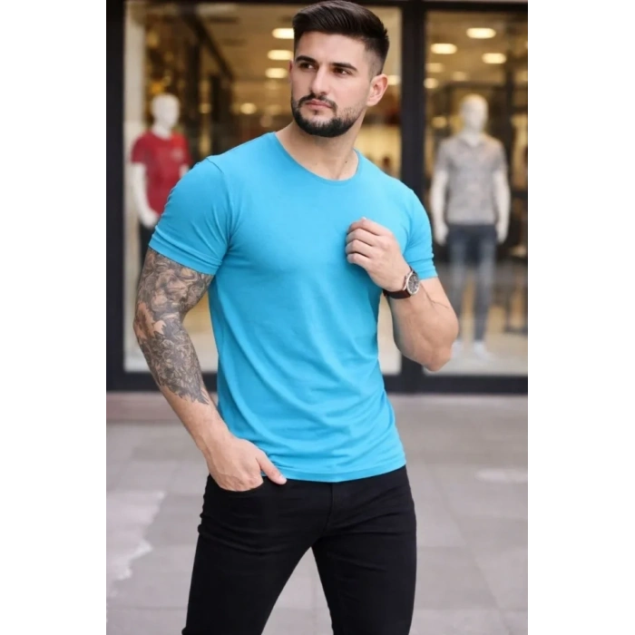 Erkek T-Shirt Bisiklet Yaka Slim Fit Dar Kesim Likralı Tişört Günlük Basic Body - Açık Mavi