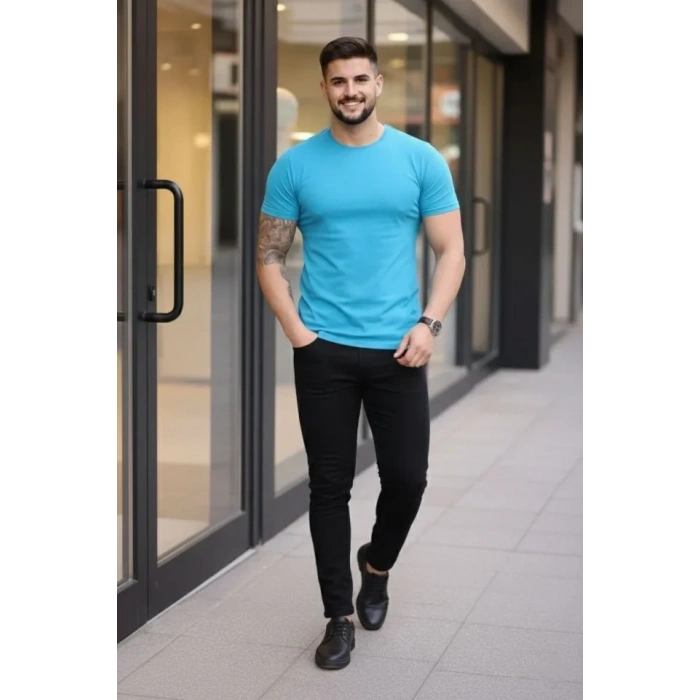 Erkek T-Shirt Bisiklet Yaka Slim Fit Dar Kesim Likralı Tişört Günlük Basic Body - Açık Mavi
