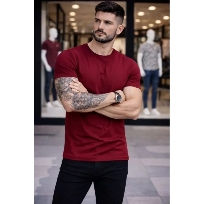Erkek T-Shirt Bisiklet Yaka Slim Fit Dar Kesim Likralı Tişört Günlük Basic Body - Bordo
