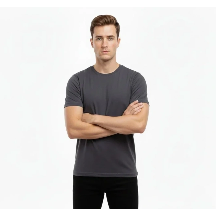 Erkek T-Shirt Bisiklet Yaka Slim Fit Dar Kesim Likralı Tişört Günlük Basic Body - Füme