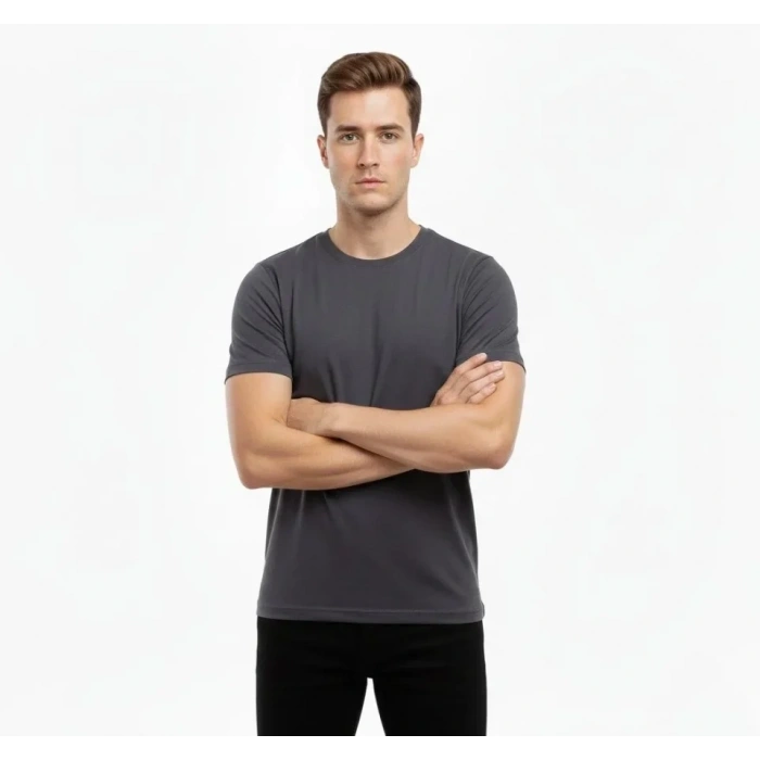 Erkek T-Shirt Bisiklet Yaka Slim Fit Dar Kesim Likralı Tişört Günlük Basic Body - Füme