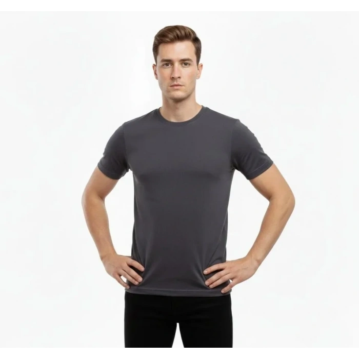 Erkek T-Shirt Bisiklet Yaka Slim Fit Dar Kesim Likralı Tişört Günlük Basic Body - Füme