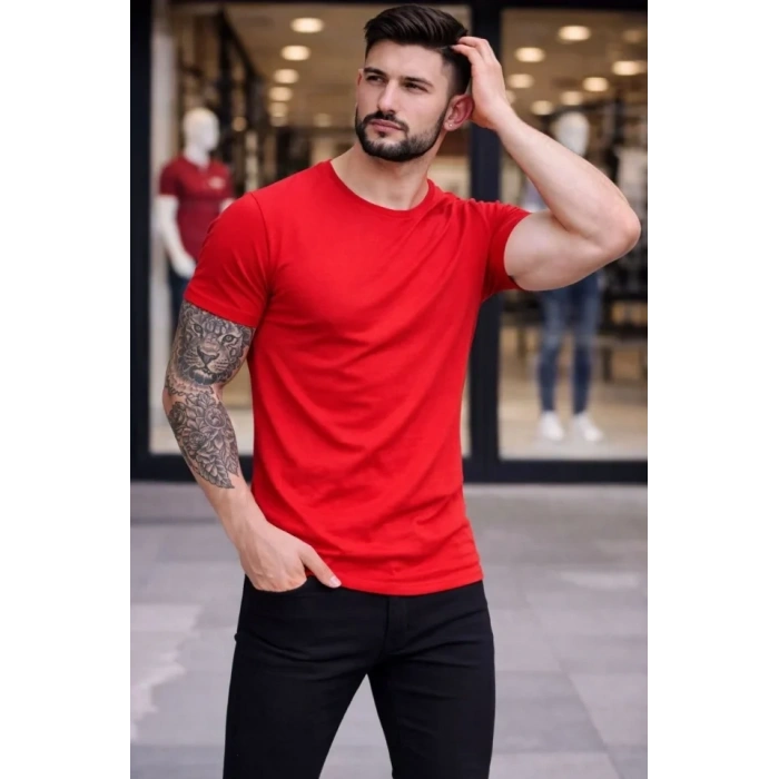 Erkek T-Shirt Bisiklet Yaka Slim Fit Dar Kesim Likralı Tişört Günlük Basic Body - Kırmızı