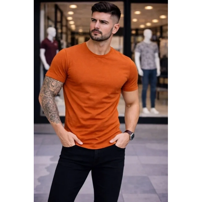 Erkek T-Shirt Bisiklet Yaka Slim Fit Dar Kesim Likralı Tişört Günlük Basic Body - Koyu Turuncu