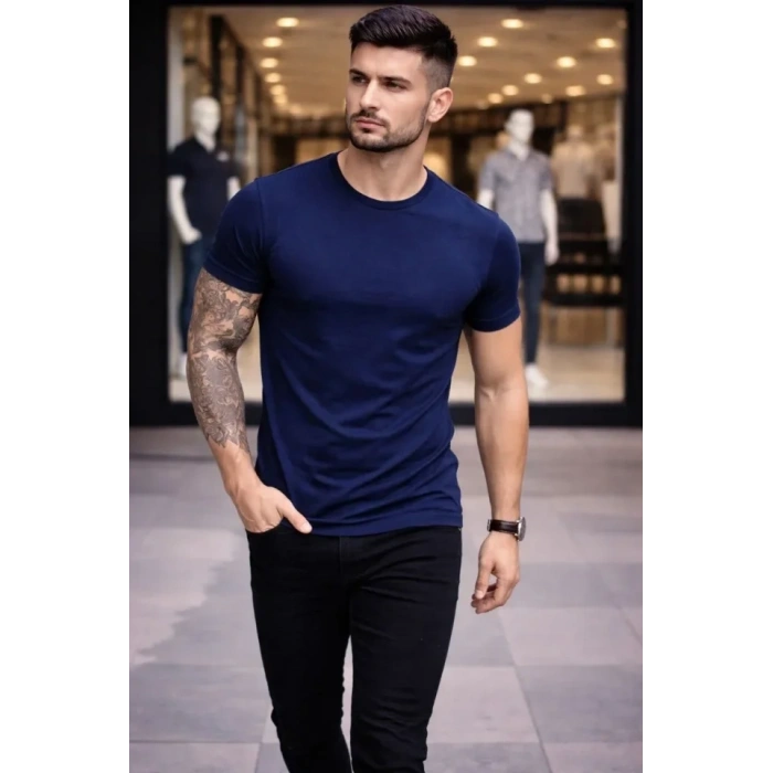 Erkek T-Shirt Bisiklet Yaka Slim Fit Dar Kesim Likralı Tişört Günlük Basic Body - Lacivert