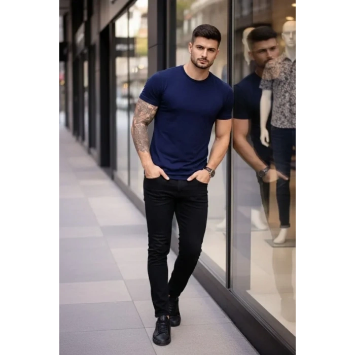 Erkek T-Shirt Bisiklet Yaka Slim Fit Dar Kesim Likralı Tişört Günlük Basic Body - Lacivert