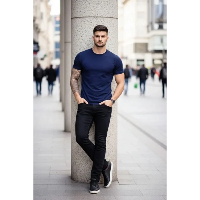 Erkek T-Shirt Bisiklet Yaka Slim Fit Dar Kesim Likralı Tişört Günlük Basic Body - Lacivert