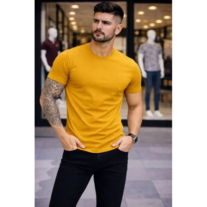 Erkek T-Shirt Bisiklet Yaka Slim Fit Dar Kesim Likralı Tişört Günlük Basic Body - Limon
