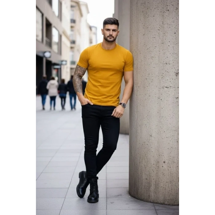 Erkek T-Shirt Bisiklet Yaka Slim Fit Dar Kesim Likralı Tişört Günlük Basic Body - Limon
