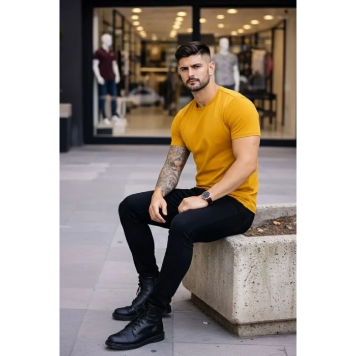 Erkek T-Shirt Bisiklet Yaka Slim Fit Dar Kesim Likralı Tişört Günlük Basic Body - Limon