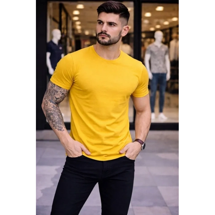 Erkek T-Shirt Bisiklet Yaka Slim Fit Dar Kesim Likralı Tişört Günlük Basic Body - Sarı
