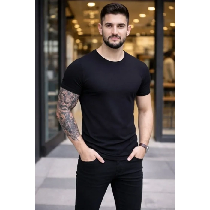 Erkek T-Shirt Bisiklet Yaka Slim Fit Dar Kesim Likralı Tişört Günlük Basic Body - Siyah