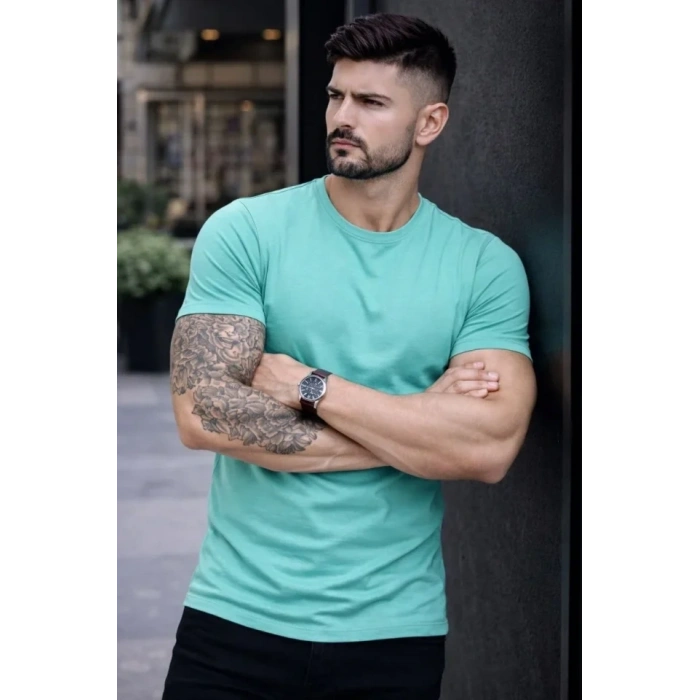 Erkek T-Shirt Bisiklet Yaka Slim Fit Dar Kesim Likralı Tişört Günlük Basic Body - Turkuvaz