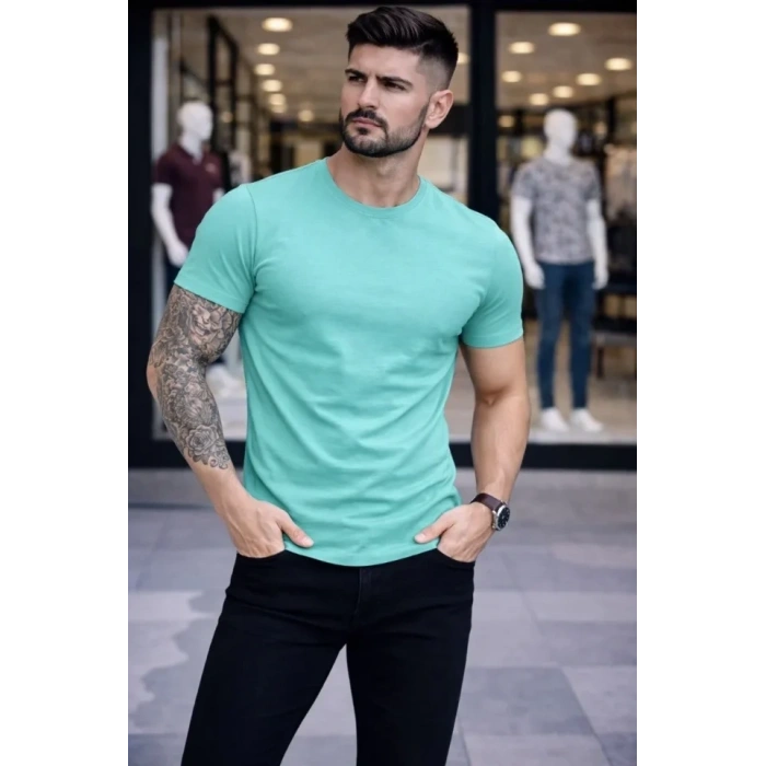 Erkek T-Shirt Bisiklet Yaka Slim Fit Dar Kesim Likralı Tişört Günlük Basic Body - Turkuvaz