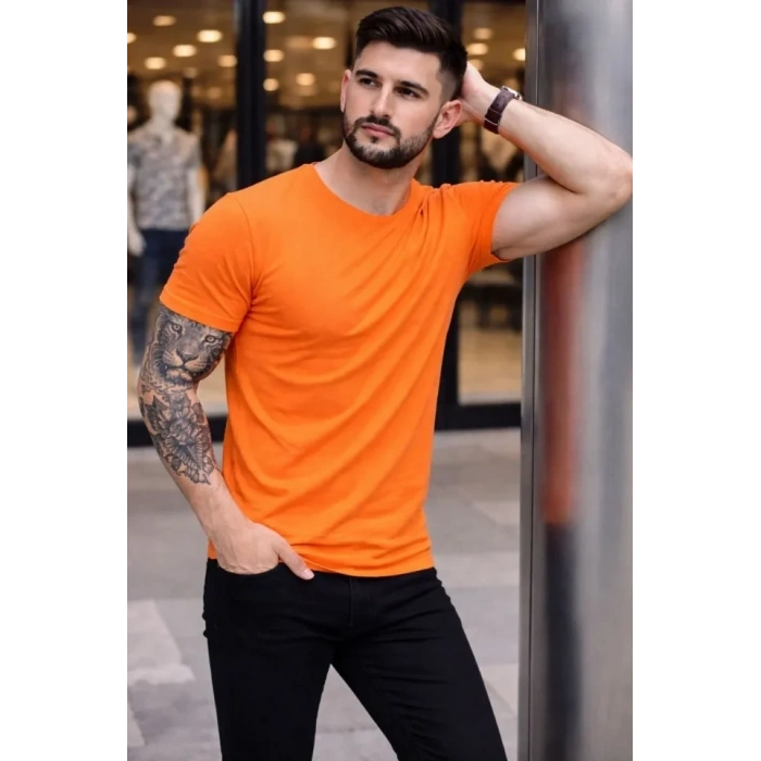 Erkek T-Shirt Bisiklet Yaka Slim Fit Dar Kesim Likralı Tişört Günlük Basic Body - Turuncu