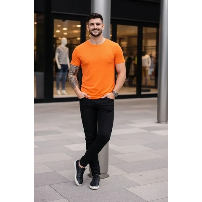 Erkek T-Shirt Bisiklet Yaka Slim Fit Dar Kesim Likralı Tişört Günlük Basic Body - Turuncu