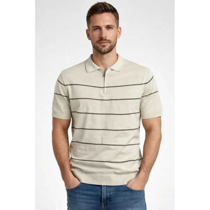 Erkek T-shirt Çizgili Triko Dokuma Kumaş Polo Yaka Yarım Fermuarlı Regular Kalıp Tişört - Bej