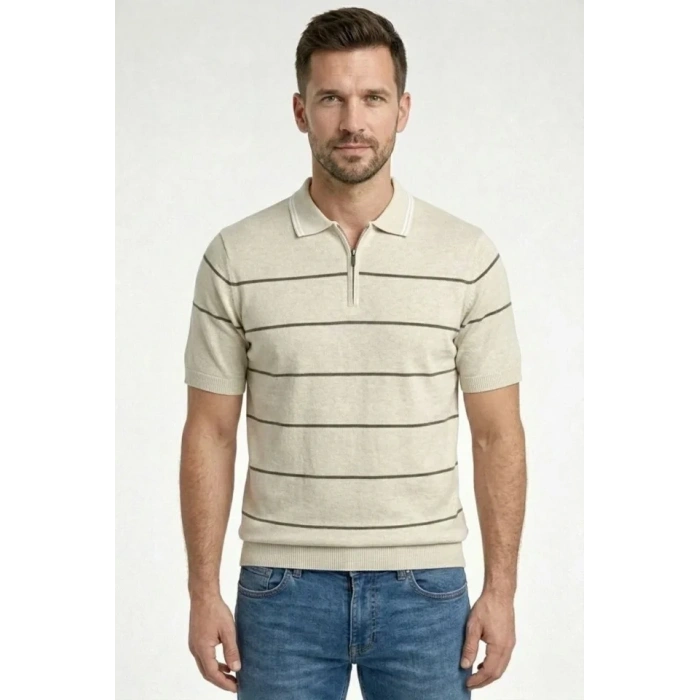 Erkek T-shirt Çizgili Triko Dokuma Kumaş Polo Yaka Yarım Fermuarlı Regular Kalıp Tişört - Bej