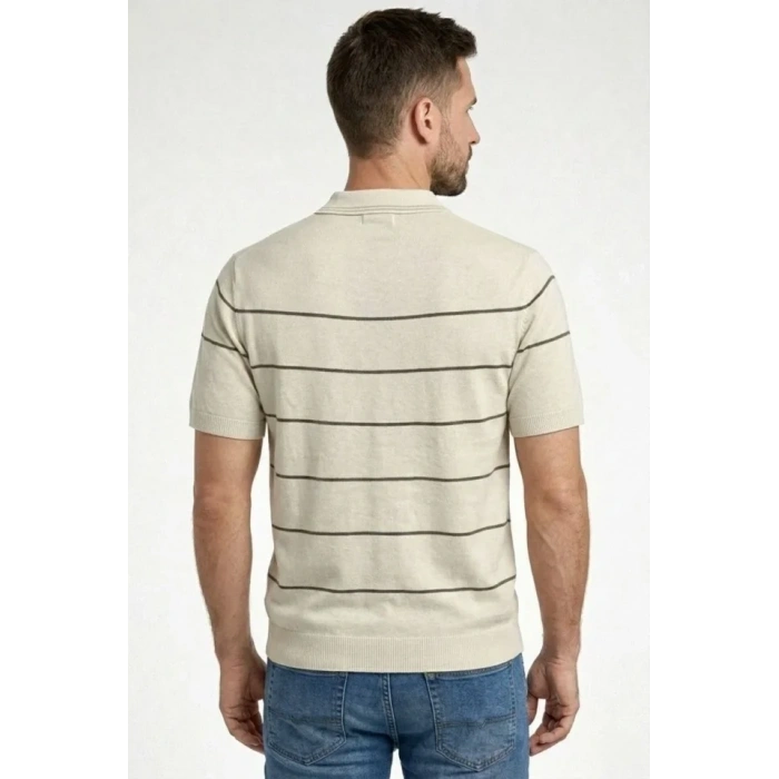 Erkek T-shirt Çizgili Triko Dokuma Kumaş Polo Yaka Yarım Fermuarlı Regular Kalıp Tişört - Bej