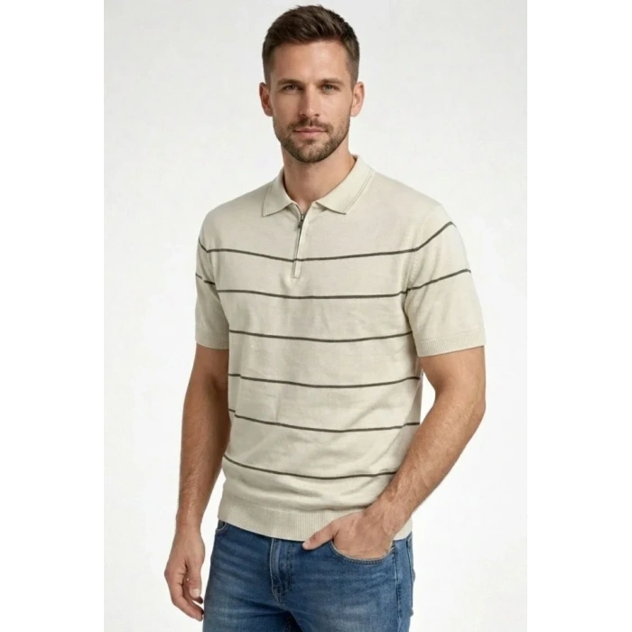 Erkek T-shirt Çizgili Triko Dokuma Kumaş Polo Yaka Yarım Fermuarlı Regular Kalıp Tişört - Bej
