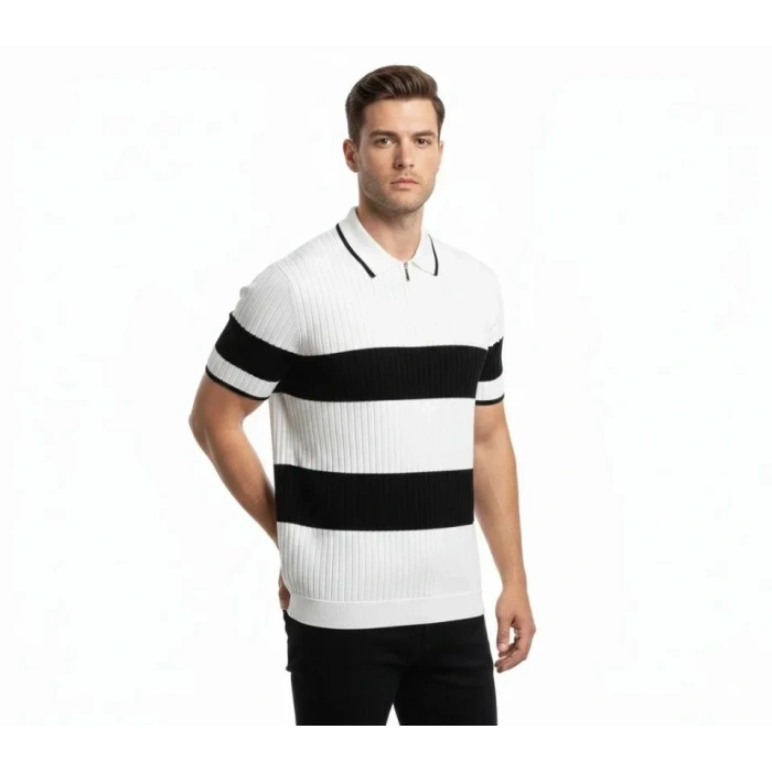 Erkek T-shirt Çizgili Triko Dokuma Kumaş Polo Yaka Yarım Fermuarlı Regular Kalıp Tişört - Beyaz
