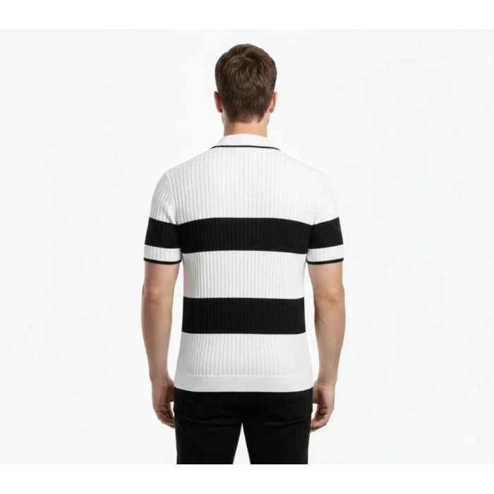 Erkek T-shirt Çizgili Triko Dokuma Kumaş Polo Yaka Yarım Fermuarlı Regular Kalıp Tişört - Beyaz