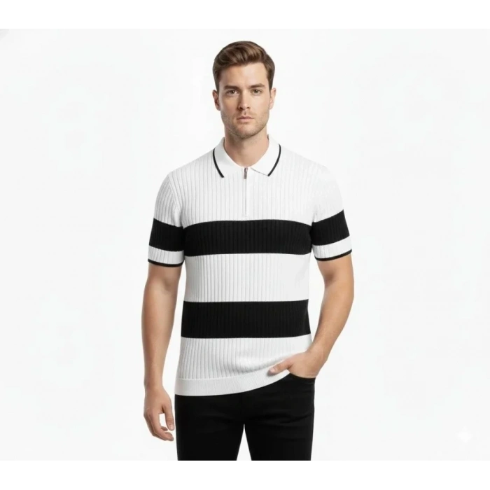 Erkek T-shirt Çizgili Triko Dokuma Kumaş Polo Yaka Yarım Fermuarlı Regular Kalıp Tişört - Beyaz