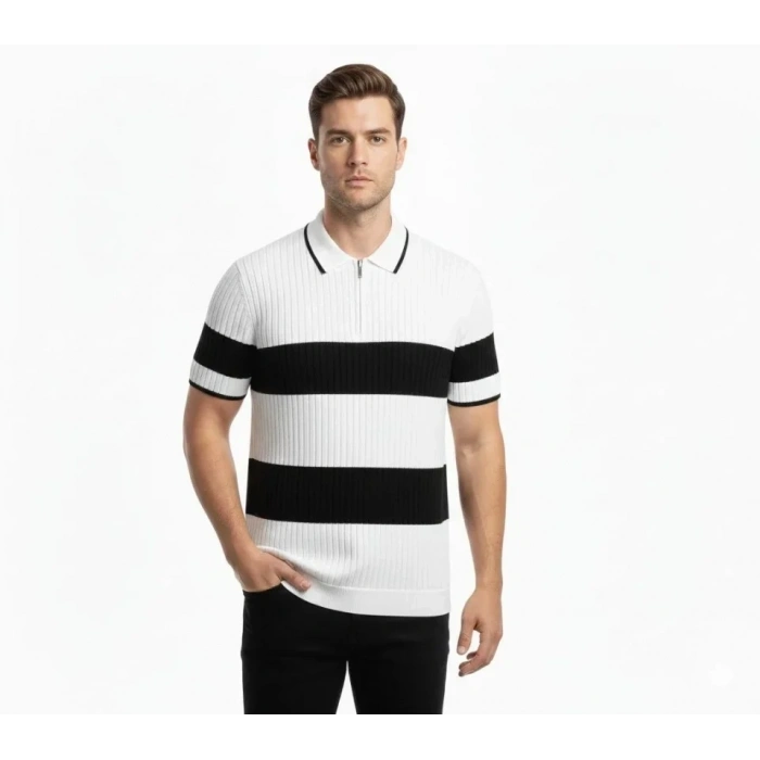 Erkek T-shirt Çizgili Triko Dokuma Kumaş Polo Yaka Yarım Fermuarlı Regular Kalıp Tişört - Beyaz