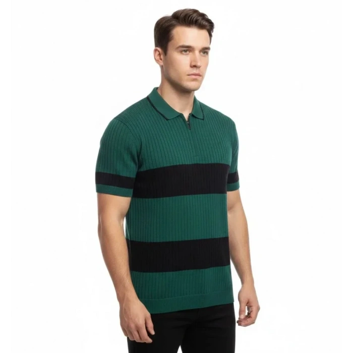 Erkek T-shirt Çizgili Triko Dokuma Kumaş Polo Yaka Yarım Fermuarlı Regular Kalıp Tişört - Çağla Yeşili