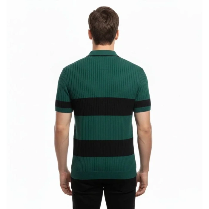 Erkek T-shirt Çizgili Triko Dokuma Kumaş Polo Yaka Yarım Fermuarlı Regular Kalıp Tişört - Çağla Yeşili