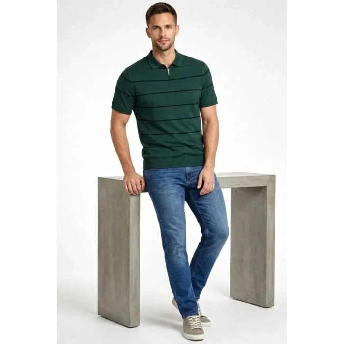 Erkek T-shirt Çizgili Triko Dokuma Kumaş Polo Yaka Yarım Fermuarlı Regular Kalıp Tişört - Çağla Yeşili