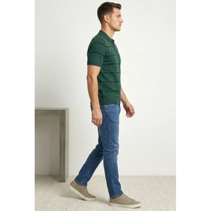 Erkek T-shirt Çizgili Triko Dokuma Kumaş Polo Yaka Yarım Fermuarlı Regular Kalıp Tişört - Çağla Yeşili