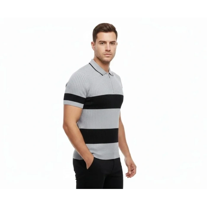 Erkek T-shirt Çizgili Triko Dokuma Kumaş Polo Yaka Yarım Fermuarlı Regular Kalıp Tişört - Gri