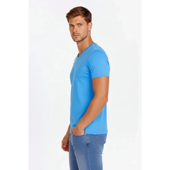 Erkek T-Shirt V Yaka Slim Fit Dar Kesim Likralı Tişört Günlük Basic Body - Açık Mavi