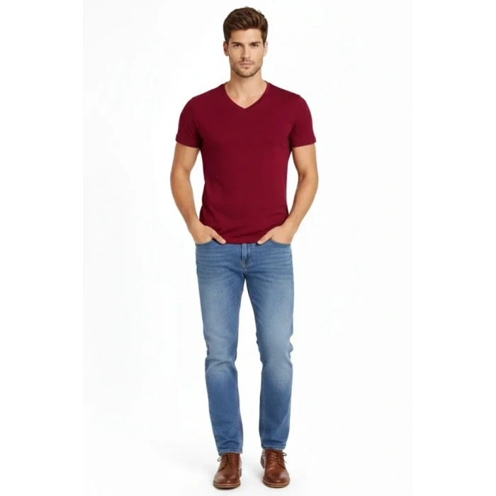 Erkek T-Shirt V Yaka Slim Fit Dar Kesim Likralı Tişört Günlük Basic Body - Bordo