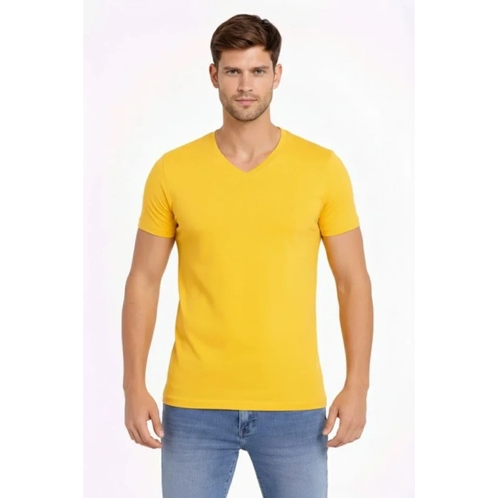 Erkek T-Shirt V Yaka Slim Fit Dar Kesim Likralı Tişört Günlük Basic Body - Limon