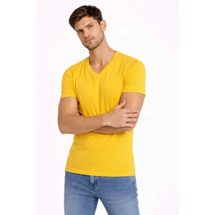 Erkek T-Shirt V Yaka Slim Fit Dar Kesim Likralı Tişört Günlük Basic Body - Limon