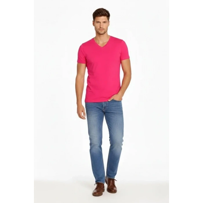 Erkek T-Shirt V Yaka Slim Fit Dar Kesim Likralı Tişört Günlük Basic Body - Pembe