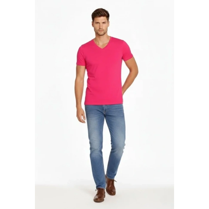 Erkek T-Shirt V Yaka Slim Fit Dar Kesim Likralı Tişört Günlük Basic Body - Pembe