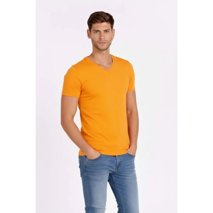 Erkek T-Shirt V Yaka Slim Fit Dar Kesim Likralı Tişört Günlük Basic Body - Sarı