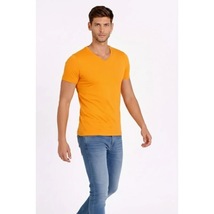 Erkek T-Shirt V Yaka Slim Fit Dar Kesim Likralı Tişört Günlük Basic Body - Sarı